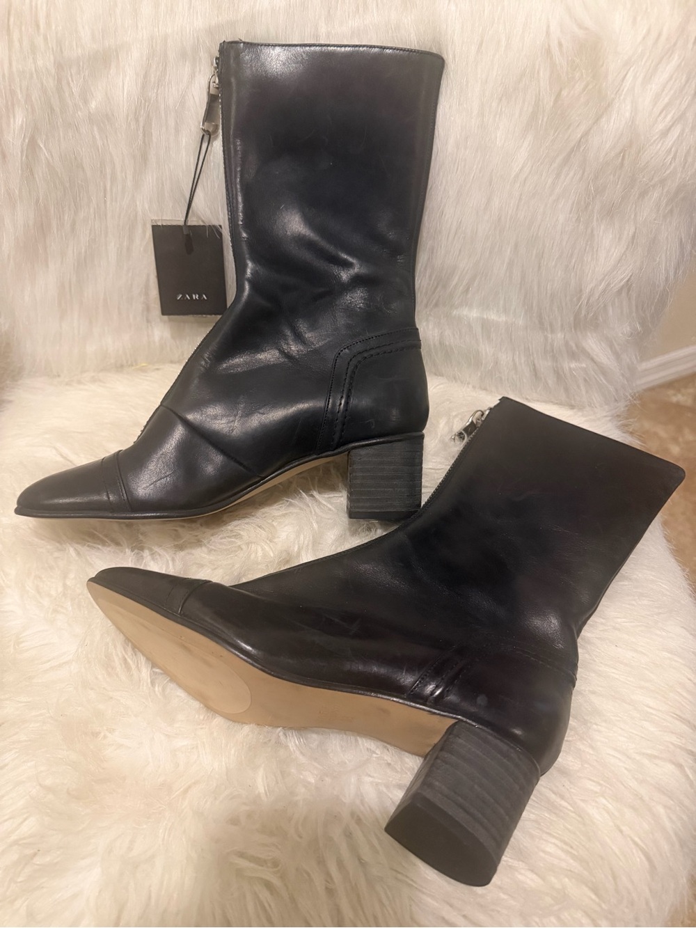 Zara Black Pointed-Toe Mid-Calf Block Heel Boots